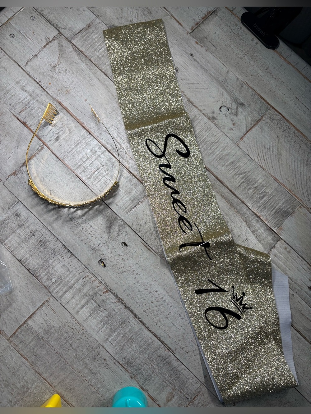 New! SWEET 16 TIARA AND SASH GOLD